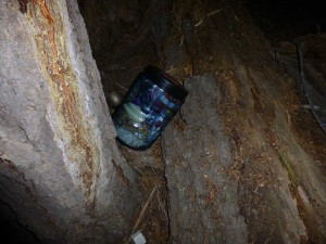 My bear canister just after the midnight marauder sauntered back into the woods.