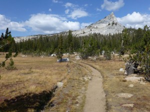 A first view of Columbia Finger from the John Muir Trail