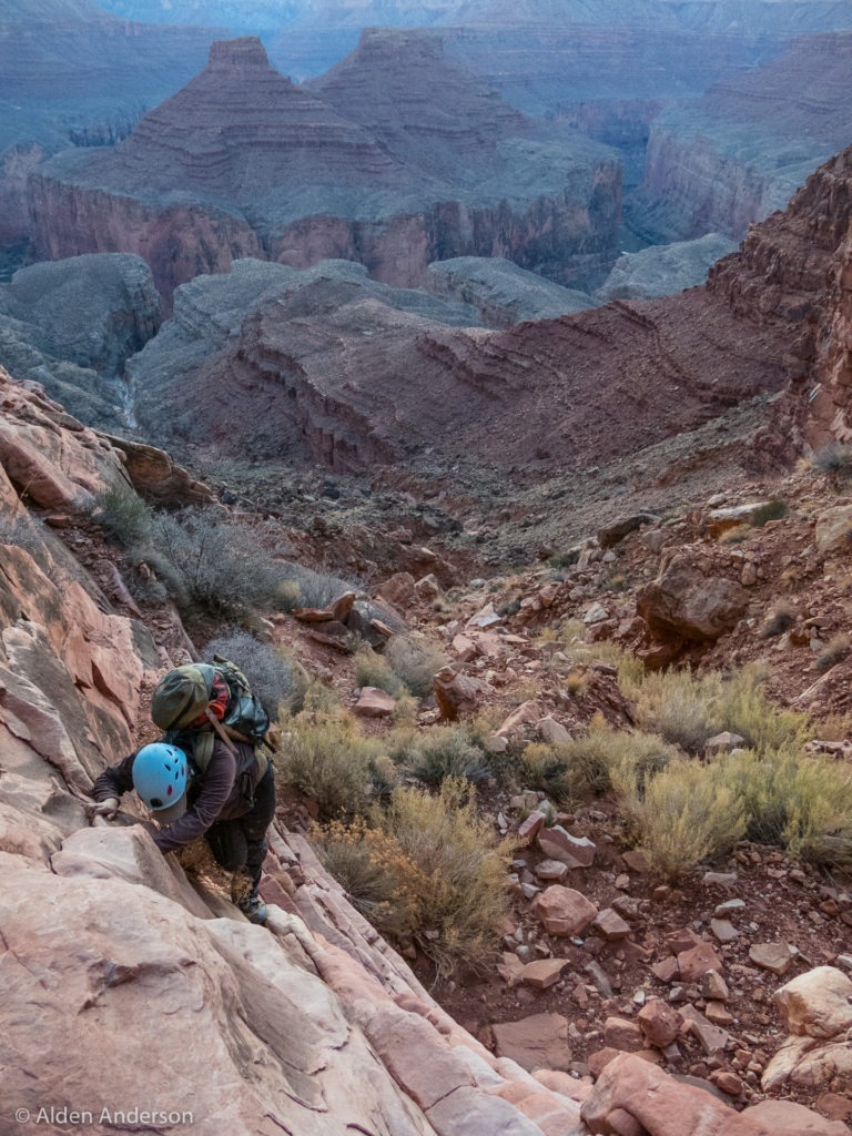 Climbing out. Back up the steep walls of Eminence Break.