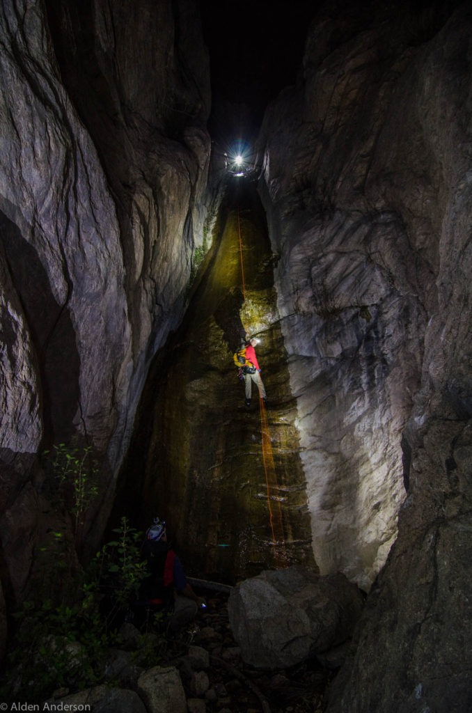 A previous night descent through Rubio Canyon. David Angel rappelling Thalehaha "Falls". Just enough water to make things interesting to try and stand.